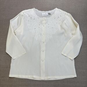 Vintage 90s Boho Cottage Romantic Cream Floral Lace Long Sleeve Rayon Blouse M